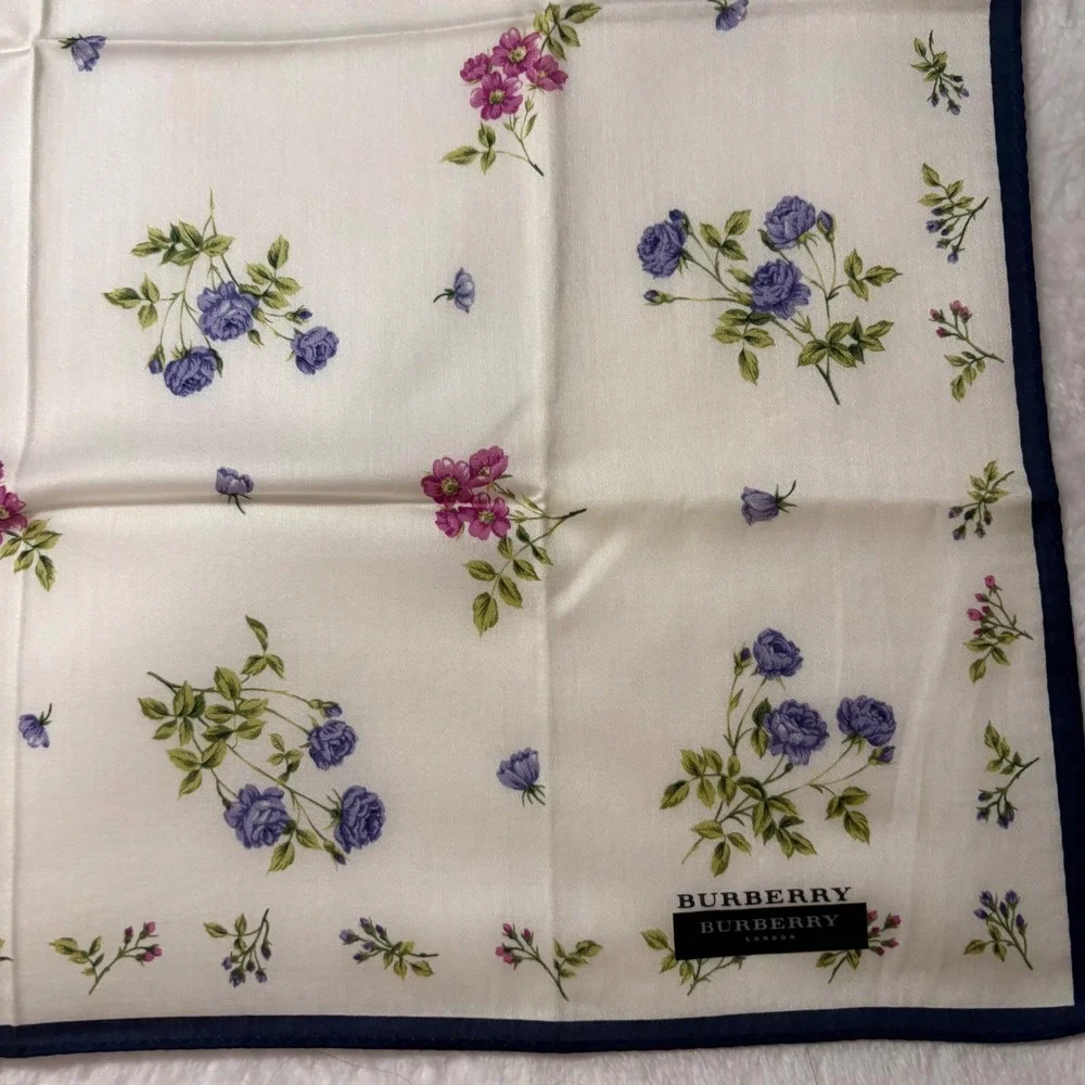 BURBERRY Scarf Handkerchief Floral Cotton Cream Purple 19.5in